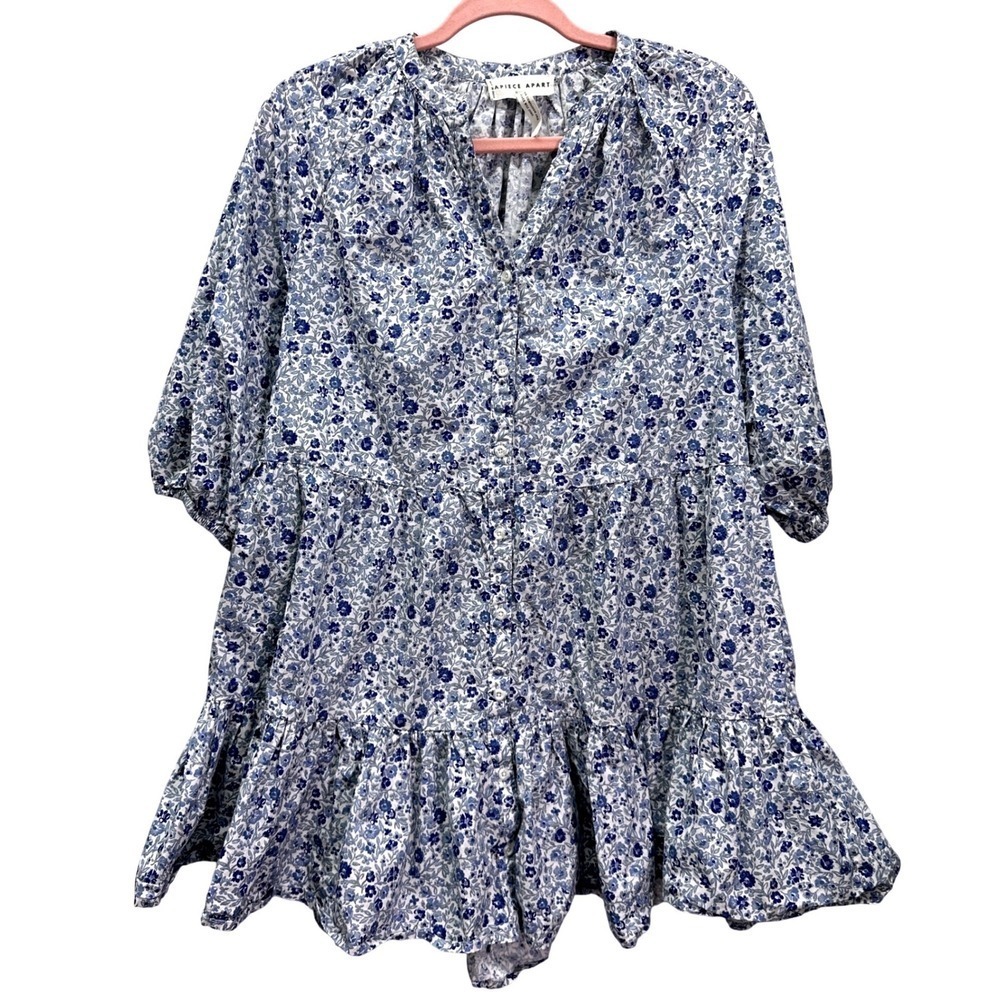 APIECE APART Mini Mitte Dress Blue Floral Babydoll Organic Cotton Ruffle Size XS - Picture 2 of 8